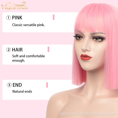 Vigorous women wholesale cheap cosplay pink color short straight high quality bob cut synthetic hair wig with bangs